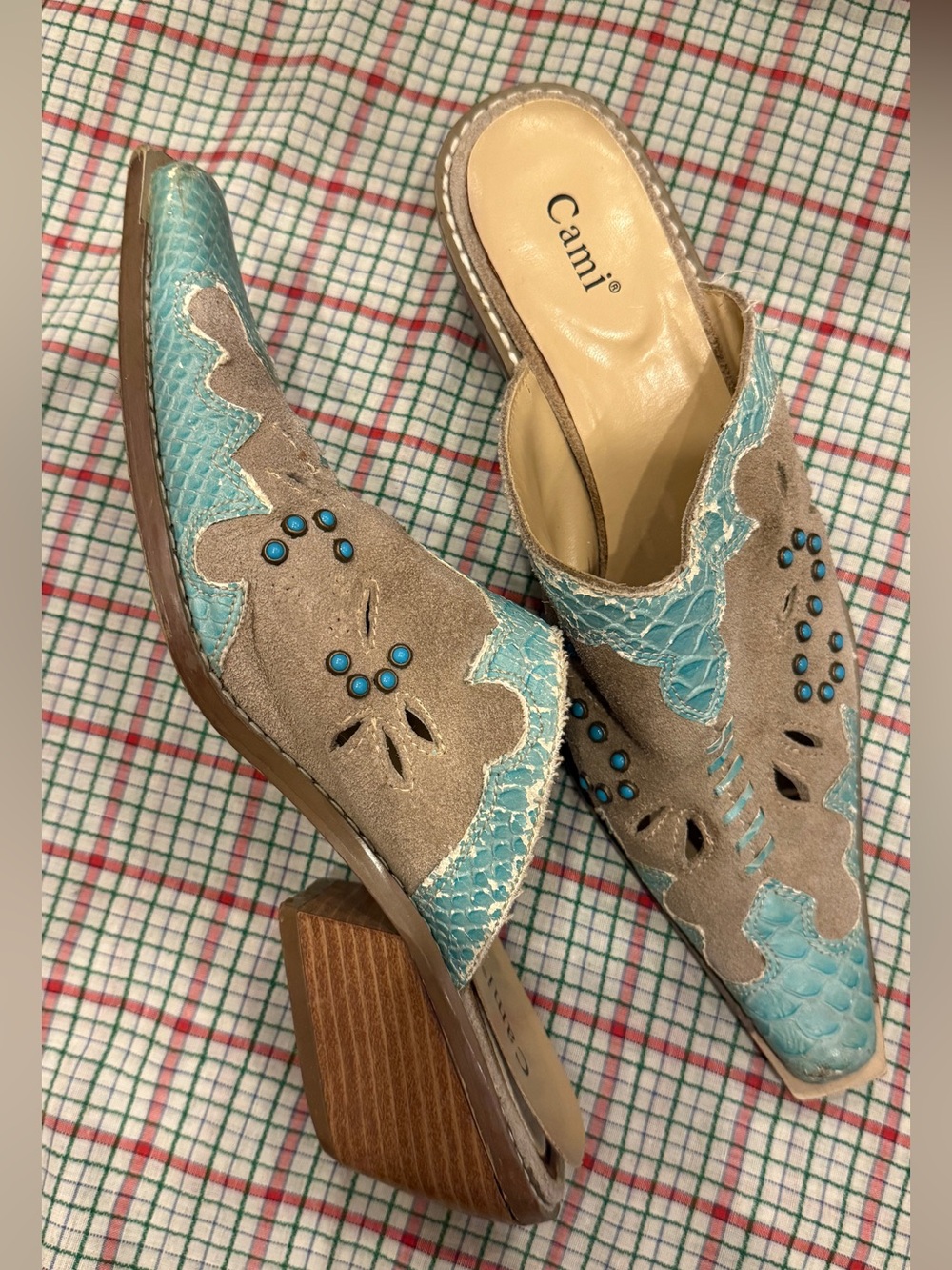 Cami Western Mules Shoes Turquoise & Tan Sz 8.5 9 Faux Leather & Suede